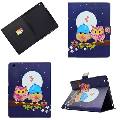 Purple owl motif tablet folio case showing front cover, back view, and stand