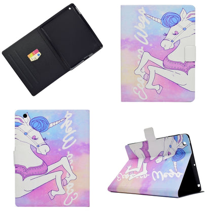 Unicorn printed tablet folio case with pen slot, black back, and sleep cover
