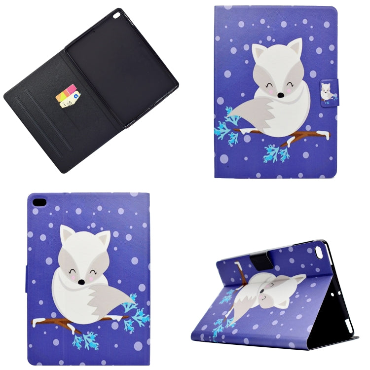 Tablet folio case with white fox print, front and back views with pen holder pocket.