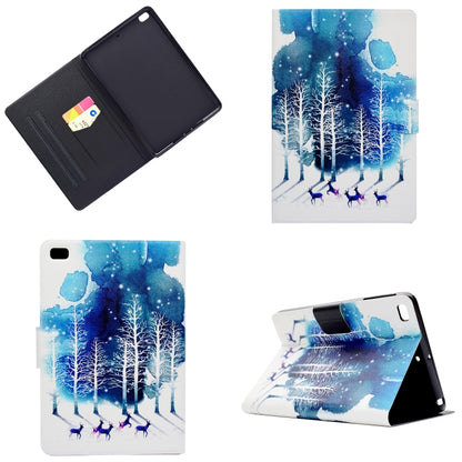 Tablet case with blue snowy forest design, slim folding cover and rear view