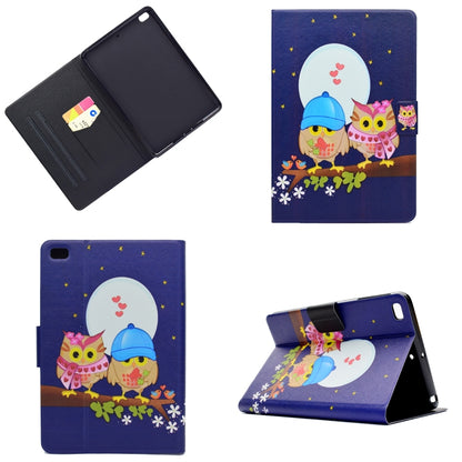Purple owl themed tablet folio case with cover, card slot, and kickstand angle