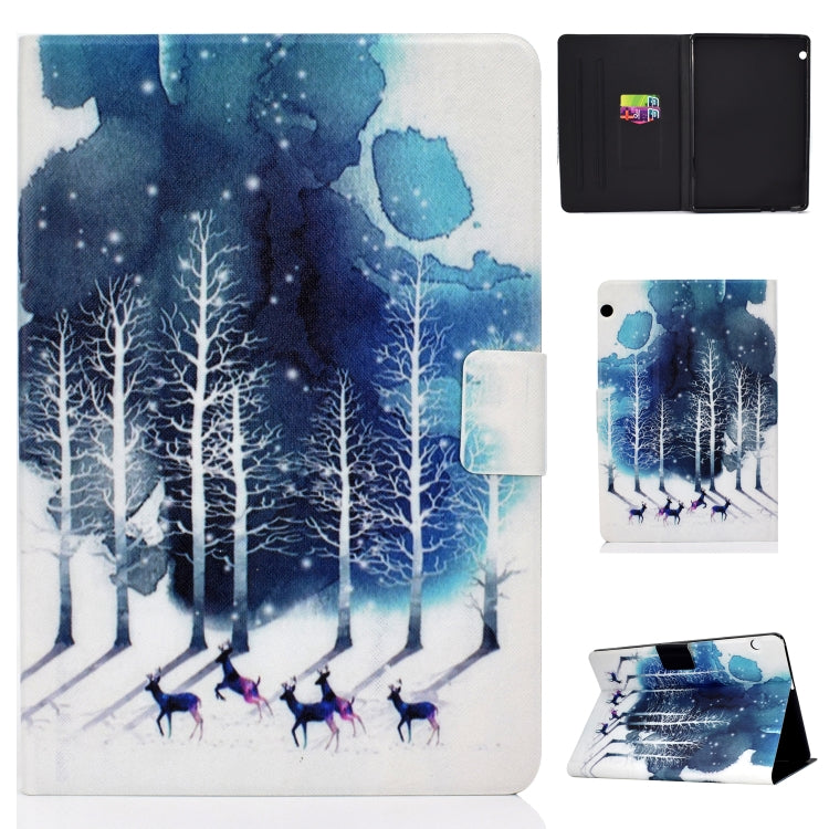 Tablet case with blue snowy forest print, open cover with black interior and flap