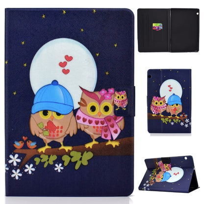 Purple owl patterned tablet folio case with close-up design, card pocket, and stand