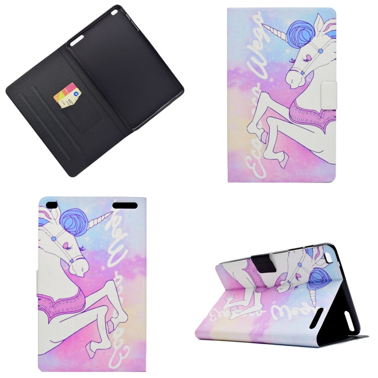 Unicorn tablet case with pen holder; front view, closed back, and stand