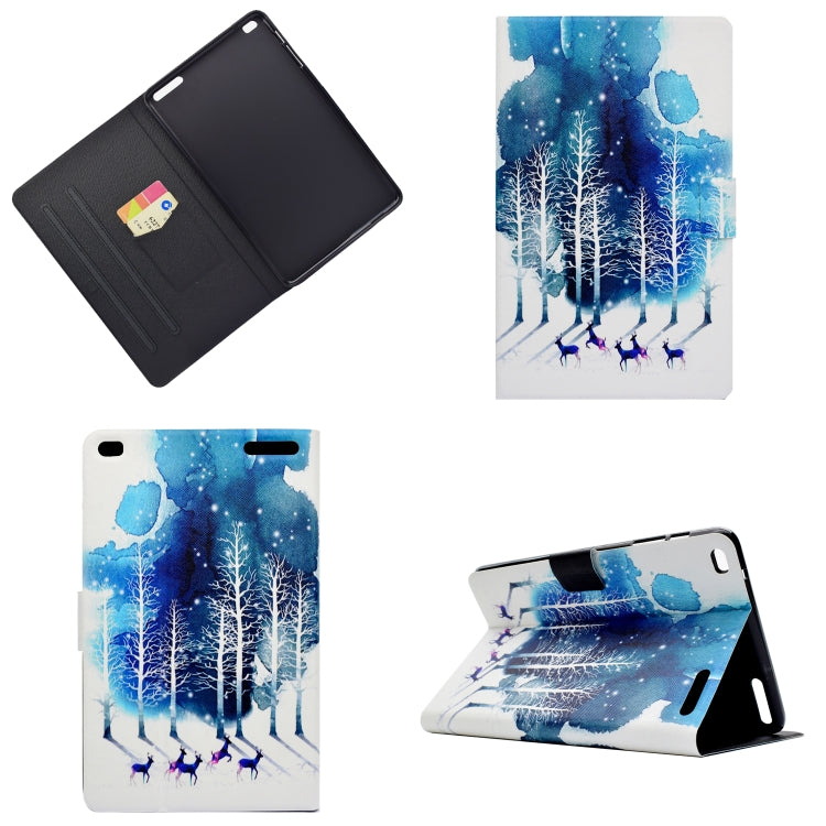 Tablet case with blue snowy forest front, black back cover, and stand support