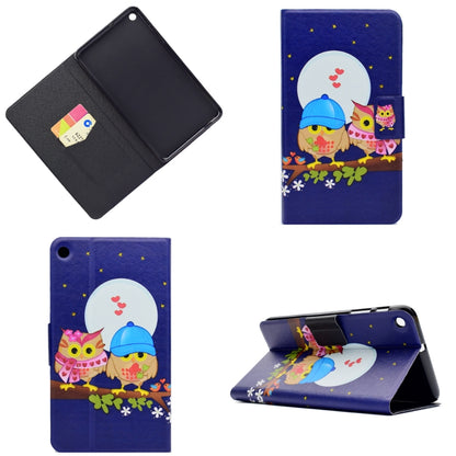 Tablet folio case with owl and moon print, pen holder and card slot, open view.