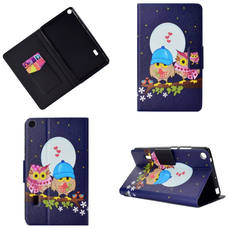 Tablet folio case with owl and moon print, front cover open to show internal slots.