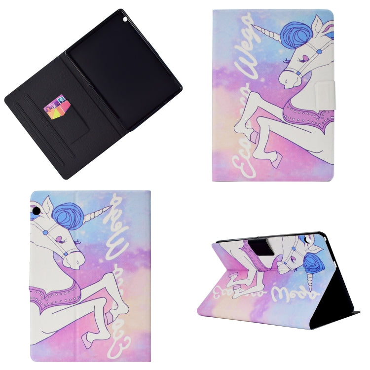 Unicorn tablet case with pen holder; closed folio and front stand view