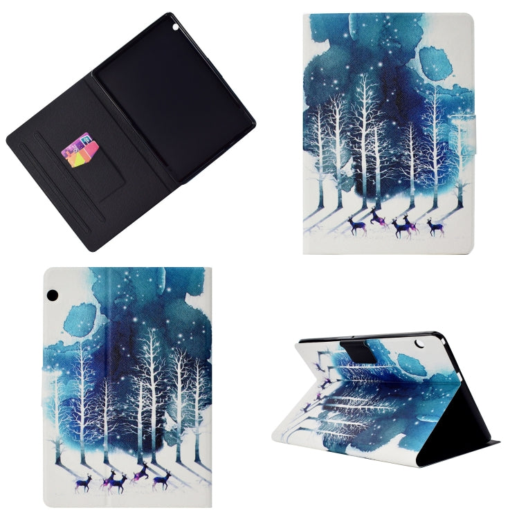 Tablet case with blue snowy forest print, folding cover and sleep-function stand view