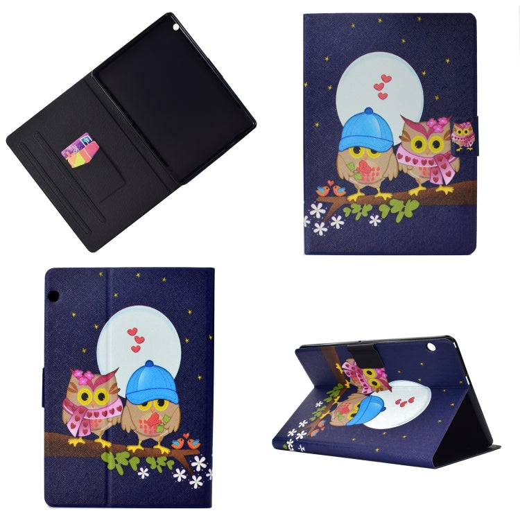 Tablet folio case with owl and moon print, includes stand position and flip cover.
