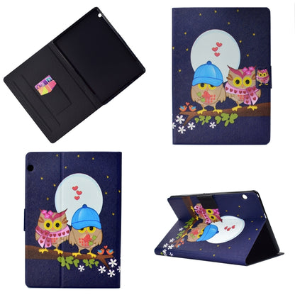 Tablet folio case with owl and moon print, includes stand position and flip cover.