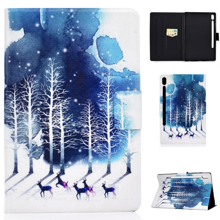 Blue forest patterned tablet folio with front cover, interior pockets, and stand