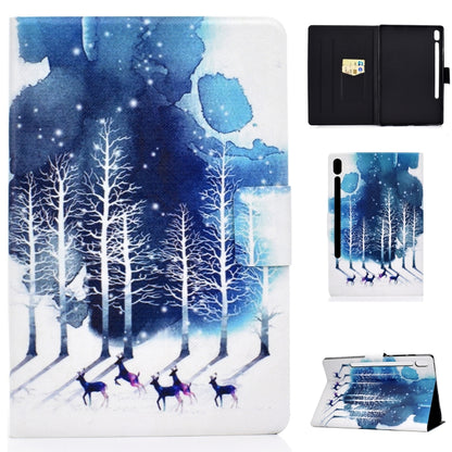 Blue forest patterned tablet folio with front cover, interior pockets, and stand