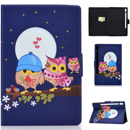 Tablet folio case with owl and moon artwork, open cover shows interior compartments.