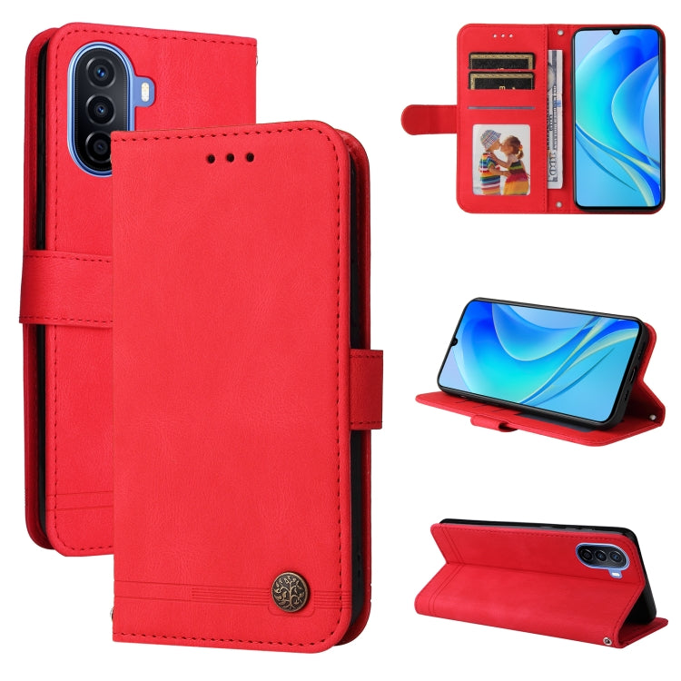 Red leather flip phone case with card slots, window ID, and metal button closure
