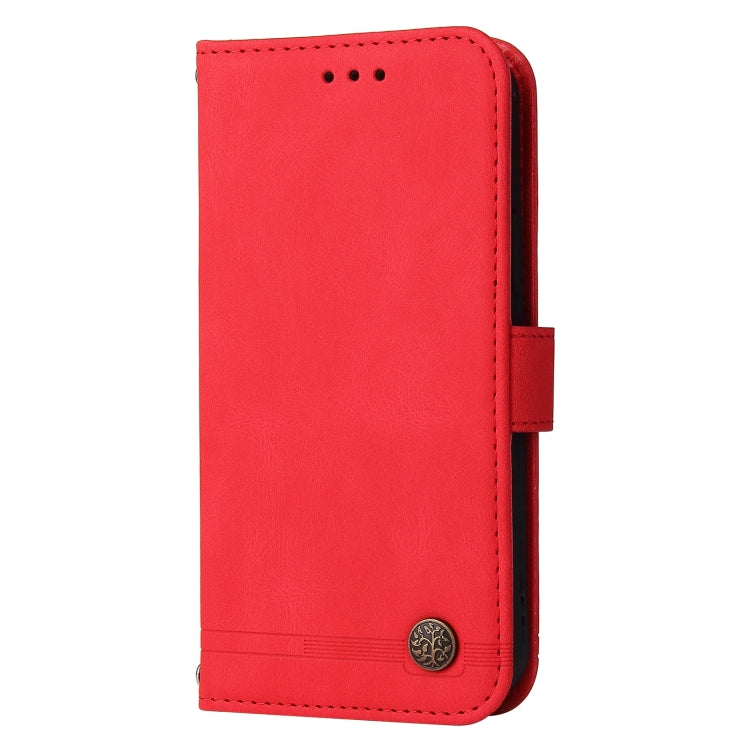 Red leather flip phone case with stitched edges and metal button closure