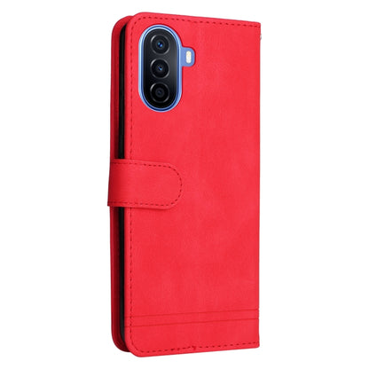 Red leather flip phone case with camera cutout and side strap