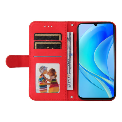 Red leather wallet phone case with card slots, window ID, and kickstand view