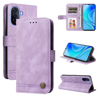 Purple leather flip phone case with card slots, window ID, and metal button closure
