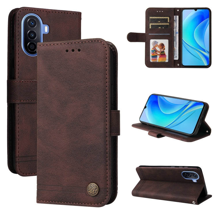 Brown leather flip phone case with card slots, window ID, and metal button closure