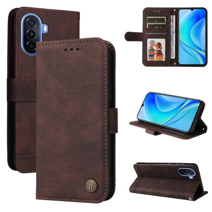 Brown leather flip phone case with card slots, window ID, and metal button closure