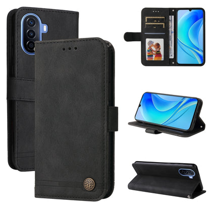Black leather flip phone case with card slots, window ID, and metal button closure