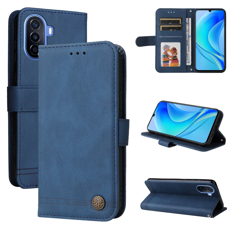 Blue leather flip phone case with card slots, window ID, and metal button closure