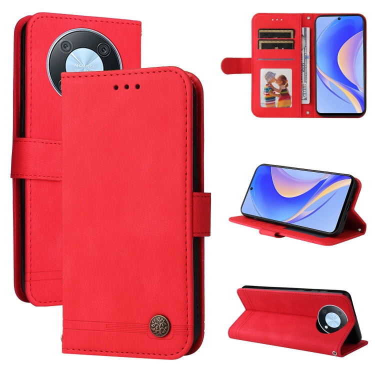 Red leather phone case with flip cover, card slots, and metal button closure