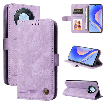 Purple leather phone case with flip cover, card slots, and metal button closure