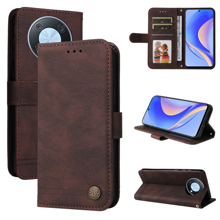 Brown leather phone case with flip cover, card slots, and metal button closure
