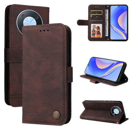 Brown leather phone case with flip cover, card slots, and metal button closure