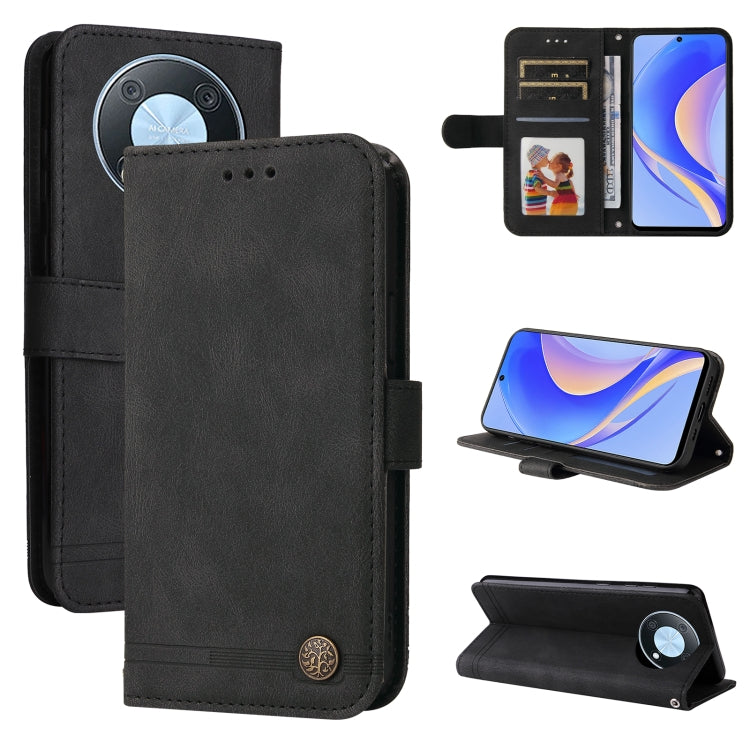 Black leather phone case with flip cover, card slots, and metal button closure