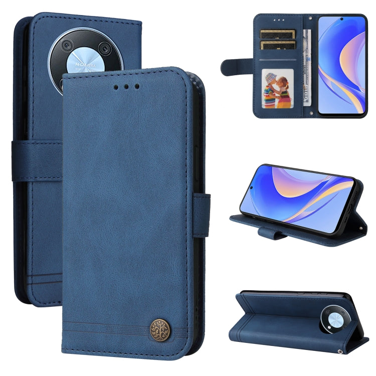 Blue leather phone case with flip cover, card slots, and metal button closure