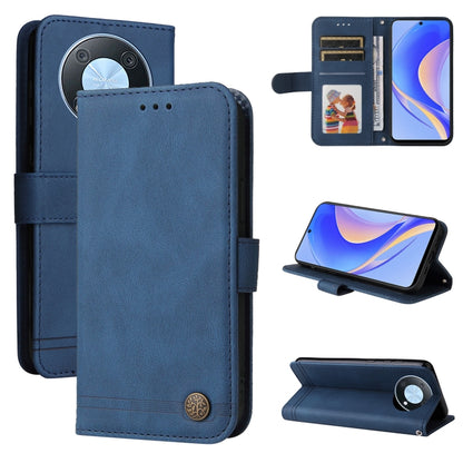 Blue leather phone case with flip cover, card slots, and metal button closure