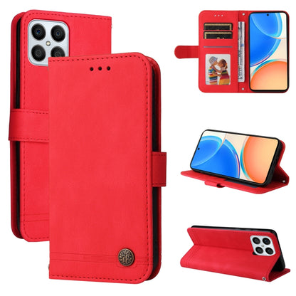 Red leather wallet phone case with flip cover, card slots, and metal button closure