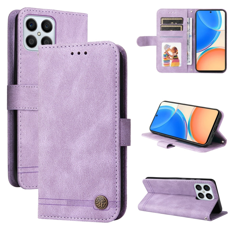 Purple leather wallet phone case with flip cover, card slots, and metal button closure