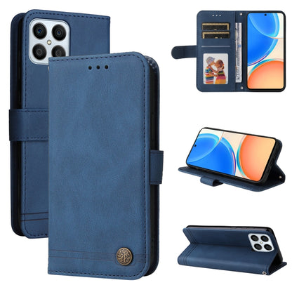 Blue leather wallet phone case with flip cover, card slots, and metal button closure