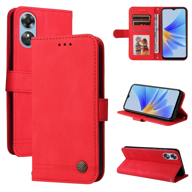 Red leather phone case with metal button, card slots, and fold stand