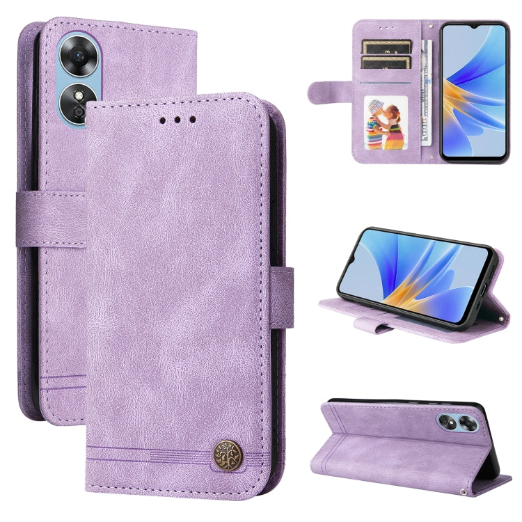 Purple leather phone case with metal button, card slots, and fold stand