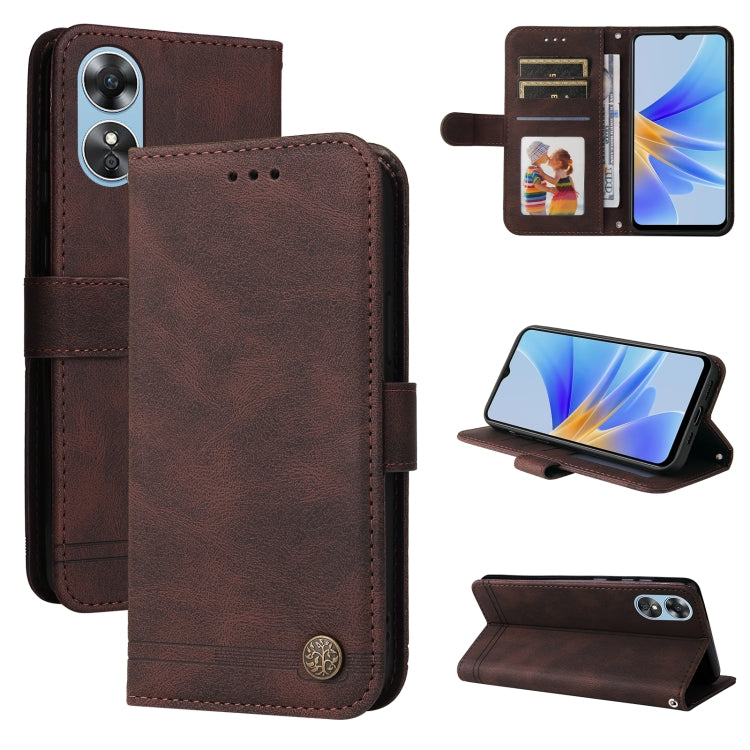 Brown leather phone case with metal button, card slots, and fold stand