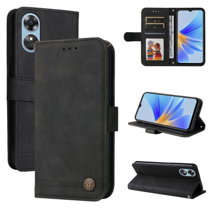 Black leather phone case with metal button, card slots, and fold stand