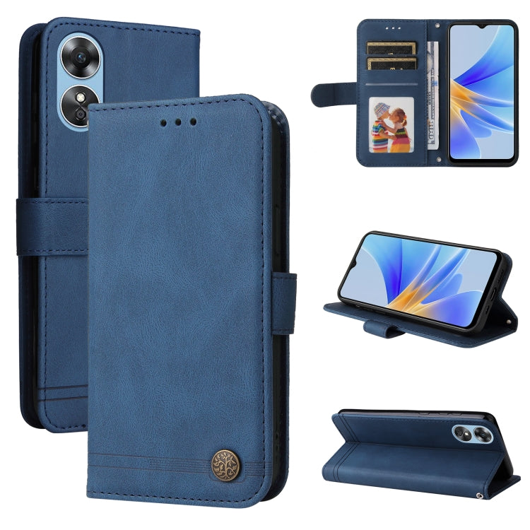 Blue leather phone case with metal button, card slots, and fold stand