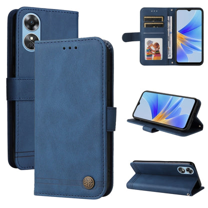 Blue leather phone case with metal button, card slots, and fold stand