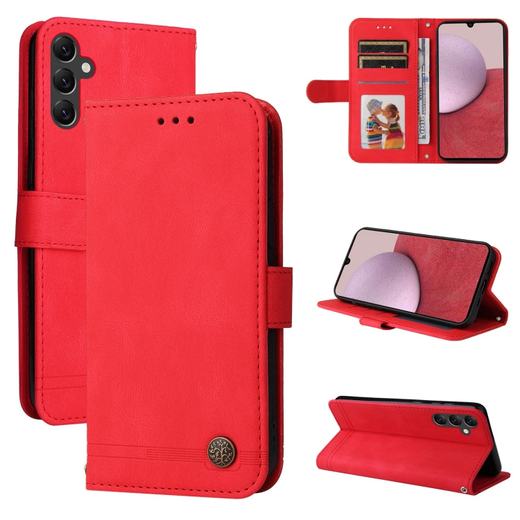 Red leather phone wallet case with metal button, card holder, and stand