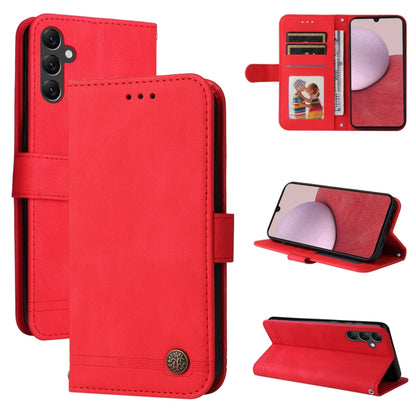 Red leather phone wallet case with metal button, card holder, and stand
