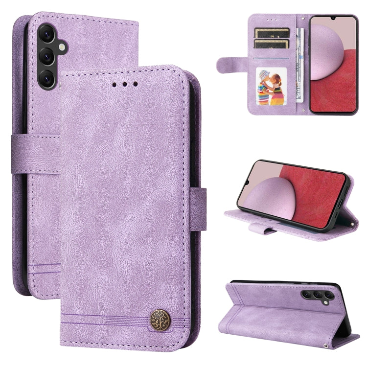 Lavender leather phone wallet case with metal button, card holder, and stand