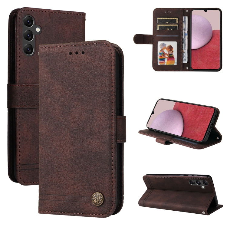 Dark brown leather phone wallet case with metal button, card holder, and stand