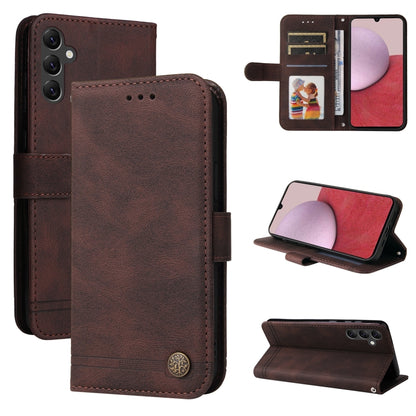 Dark brown leather phone wallet case with metal button, card holder, and stand