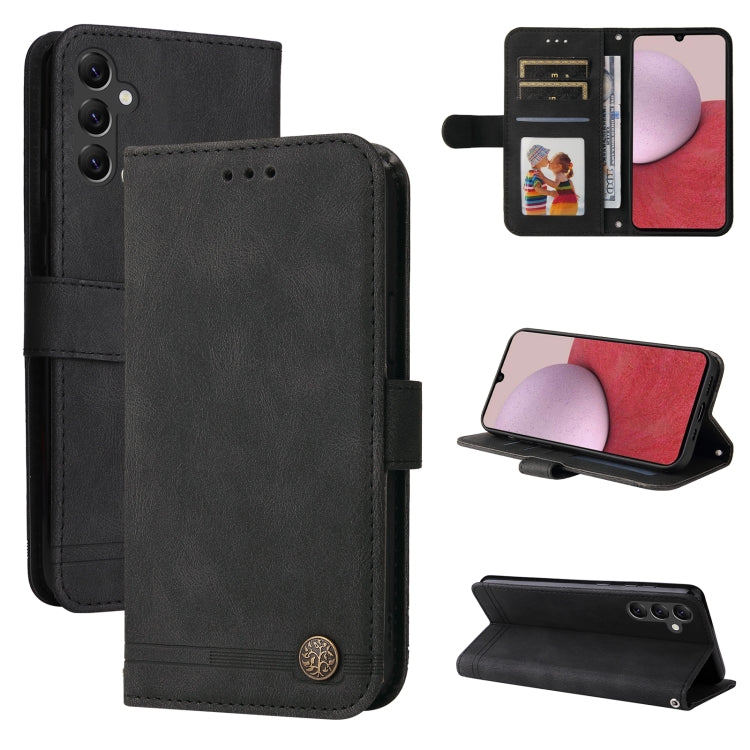 Black leather phone wallet case with metal button, card holder, and stand