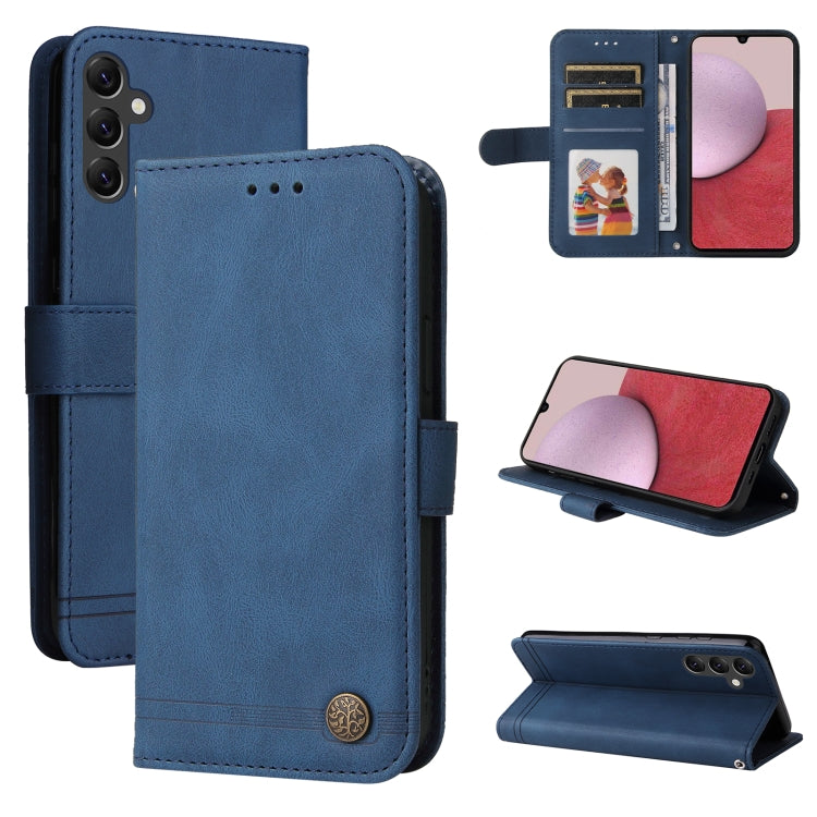 Blue leather phone wallet case with metal button, card holder, and stand